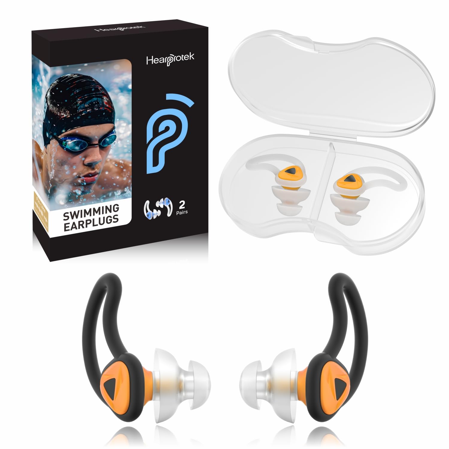 Hearprotek Swimmer Ear Plugs, 2 Pairs Upgraded Silicone Custom-fit Water Protection Swimming earplugs for Pool Shower Bathing and Other Water Sports Orange