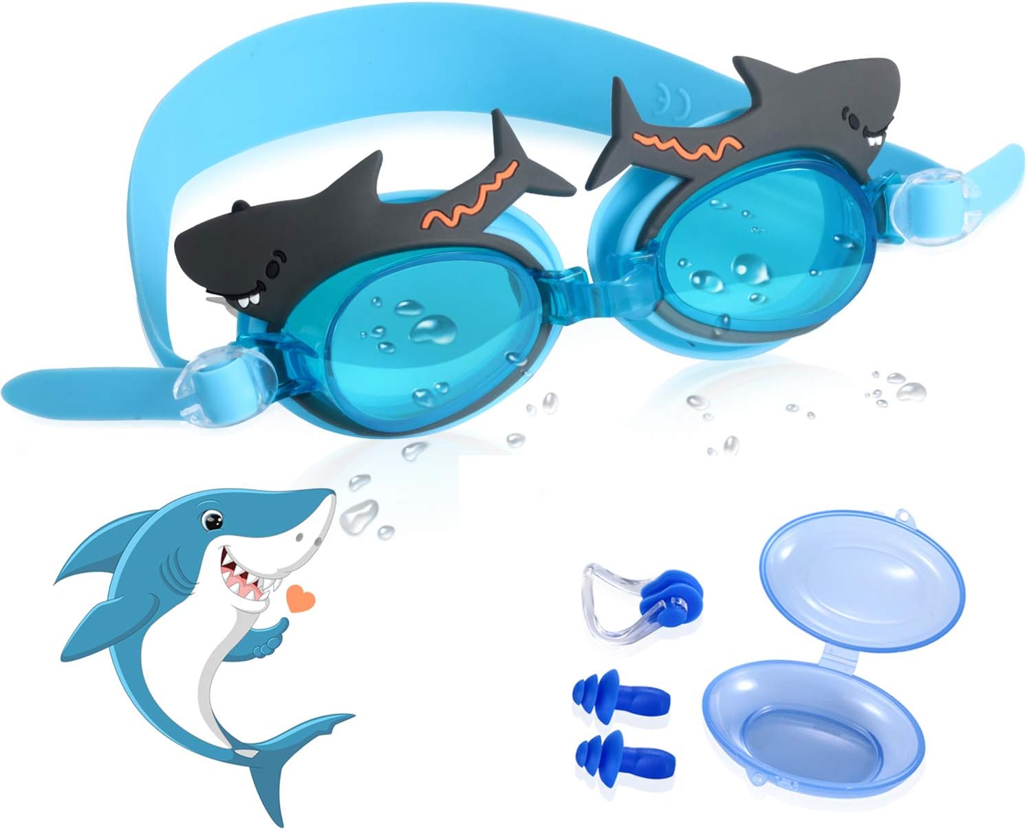 CybGene Swimming Goggles Kids, Soft Silicone Swim Goggles for Age 3-7, No Leaking,Anti-fog,UV Protection,180 Degree Vision,Cute design with Free Storage Case,Earplugs and Nose Clip (Shark/Frog/Bee)
