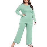 FOREYOND Plus Size Pajama Sets For Women 2 Piece Long Sleeve Crew Neck Lounge Sets Rayon Soft Sleepwear
