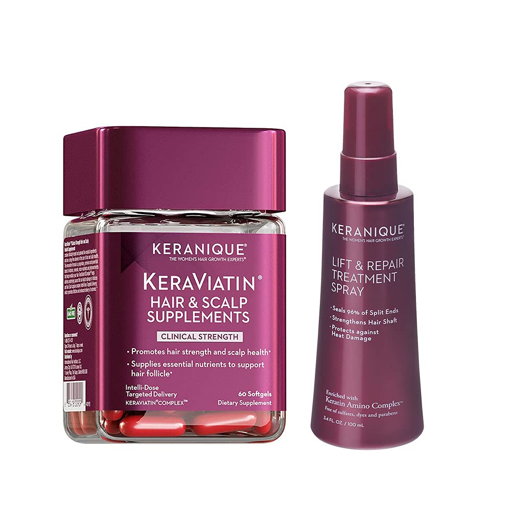 Keranique Hair Growth and Repair System - Clinically Proven KeraViatin Hair Growth Vitamins [Biotin, Vitamin B, Curcumin] and Lift and Repair Treatment Spray for Instant Volume [30 Days] : Beauty