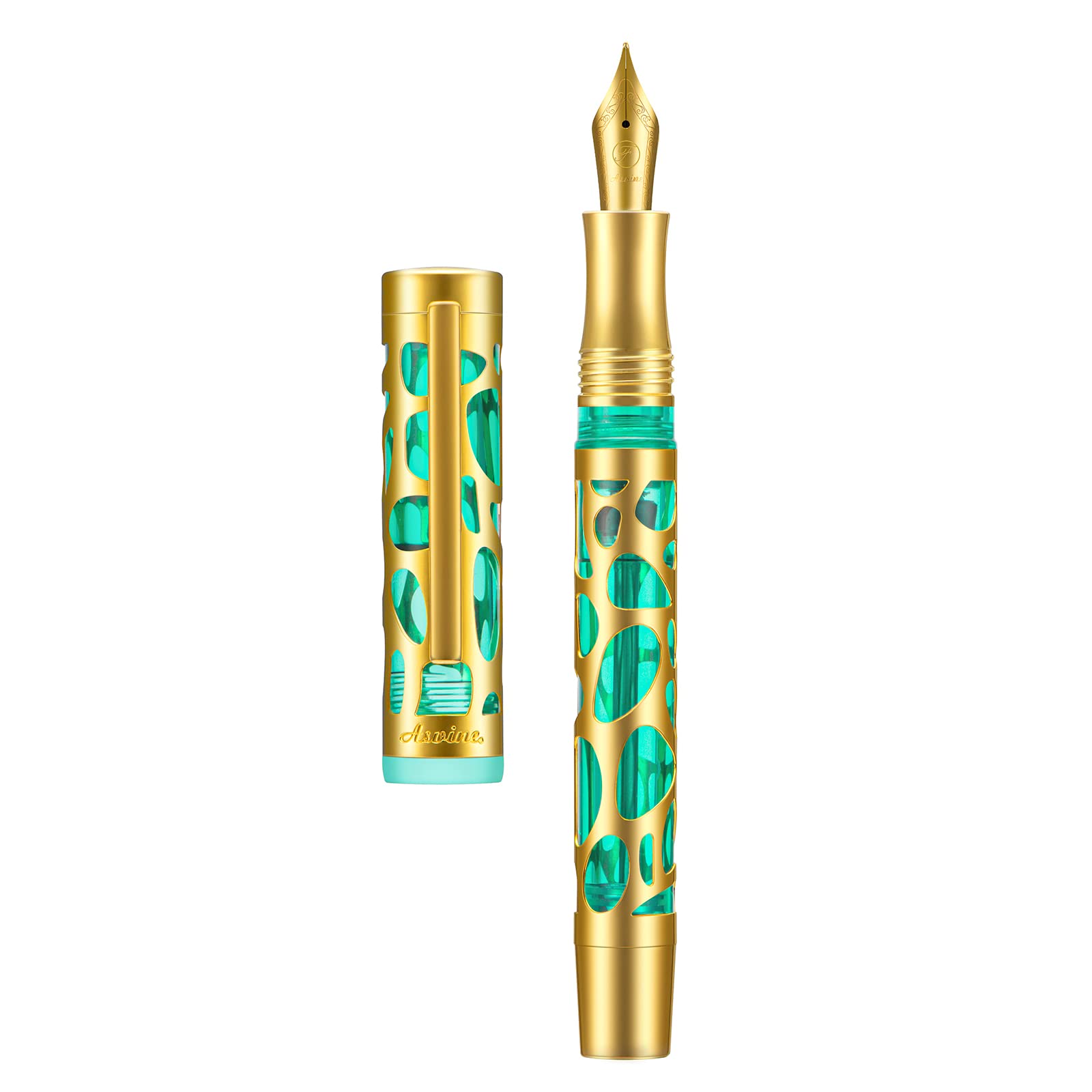 Asvine V169 Vacuum Filling Fountain Pen Iridium Fine Nib, Water Drop Skeleton Gold Trim Transparent Green Acrylic Pen Case Set, Gold,Green