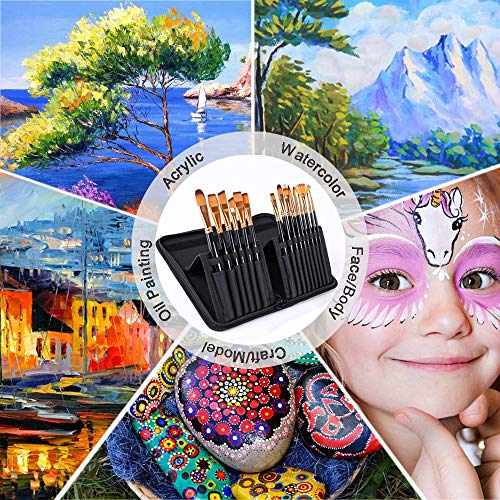 BOSOBO Paint Brush Set, 15 Pcs Professional Wood Handle Acrylic Brushes Watercolor Brushes Oil Brushes for Canvas Painting Craft Face Body Art Paint by Number, Travel Case and Palette Knife Included