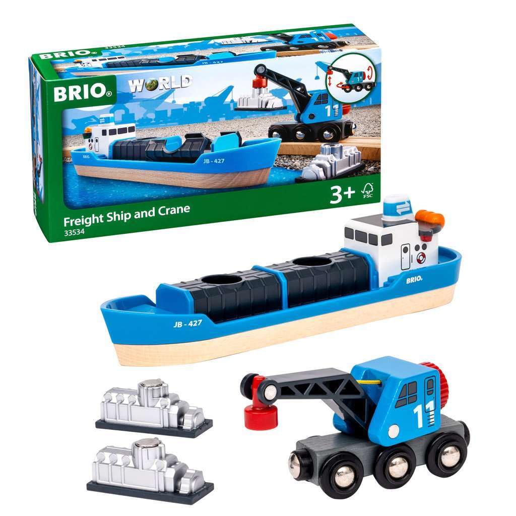 BRIO World Harbour Freight Ship Boat and Crane for Kids Age 3 Years Up - Wooden Railway Accessories & Add Ons