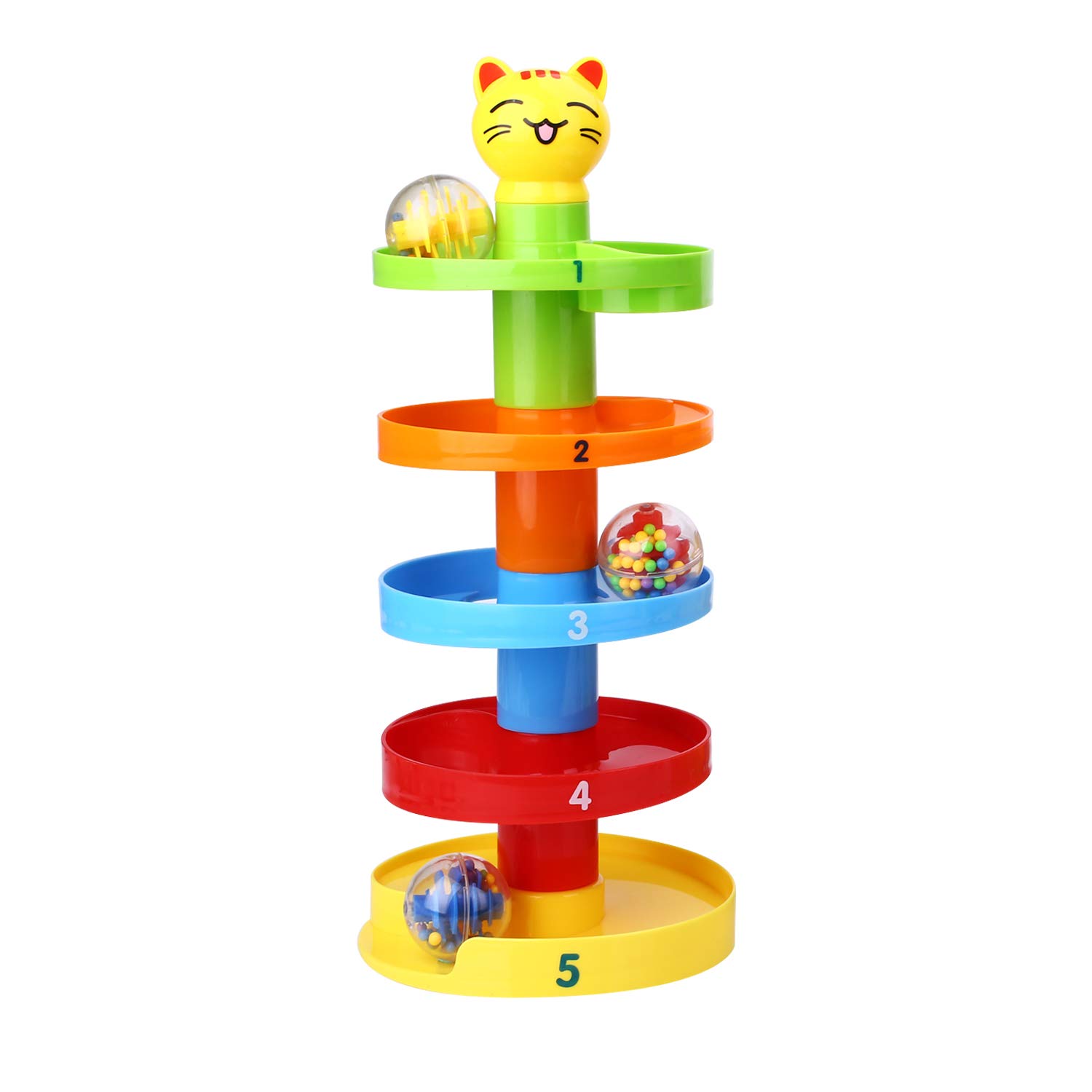 Peradix Swirl Ball Ramp Toddlers Ball Drop Toy Educational Puzzle Rolling Ball Bell Stacker for Kids Activity Center Games (Cat)