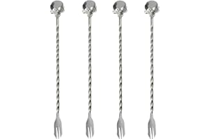 Maydahui 4PCS Skull Swizzle Stick Bar Spoon Spiral Pattern Cocktail Shaker Spork 9.8 inch 18/10（304) Stainless Steel Fruit Fork Reusable Stirrer Stir Bartender Tool for Halloween