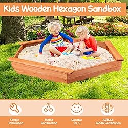 HONEY JOY Kids Sandbox with Cover, Hexagon Wooden