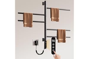 DOKKOME Swivel Heated Towel Warmer Rack, Wall Mounted Electric Towel Warmer Rack, 5 Bars 180° Swivelable Towel Dryer with LED Timer and Temperature Control for Home, Bathroom (G63-Matte Black-1)