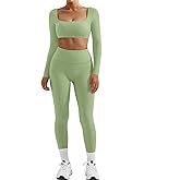 SUUKSESS Women 2 Piece Workout Sets Compression Tummy Control Leggings with Pockets Long Sleeve Square Neck Padded Crop Tops