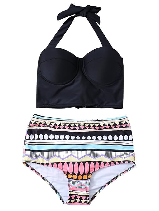 Langstar Halter-Bikini-Set Damen Push Up Neckholder High Waist Retro Bikini Badeanzug Split Bademode