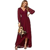 Ever-Pretty Women's Fall Elegant A Line V Neck Ruched High Low Long Sleeve Formal Wedding Guest Dresses 2043