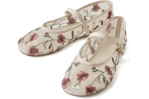 Ballet Flats for Women with Strap, Floral Mesh Mary Jane Flats, Round Toe Lace Dress Flats Lightweight Summer Shoes