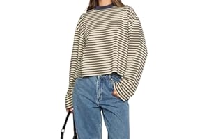 AMIBLVOWA Y2k Womens Striped Cropped Shirt Drop Shoulder Long Sleeve Crewneck Sweatshirt Fairy Grunge Sweater Tops Streetwear