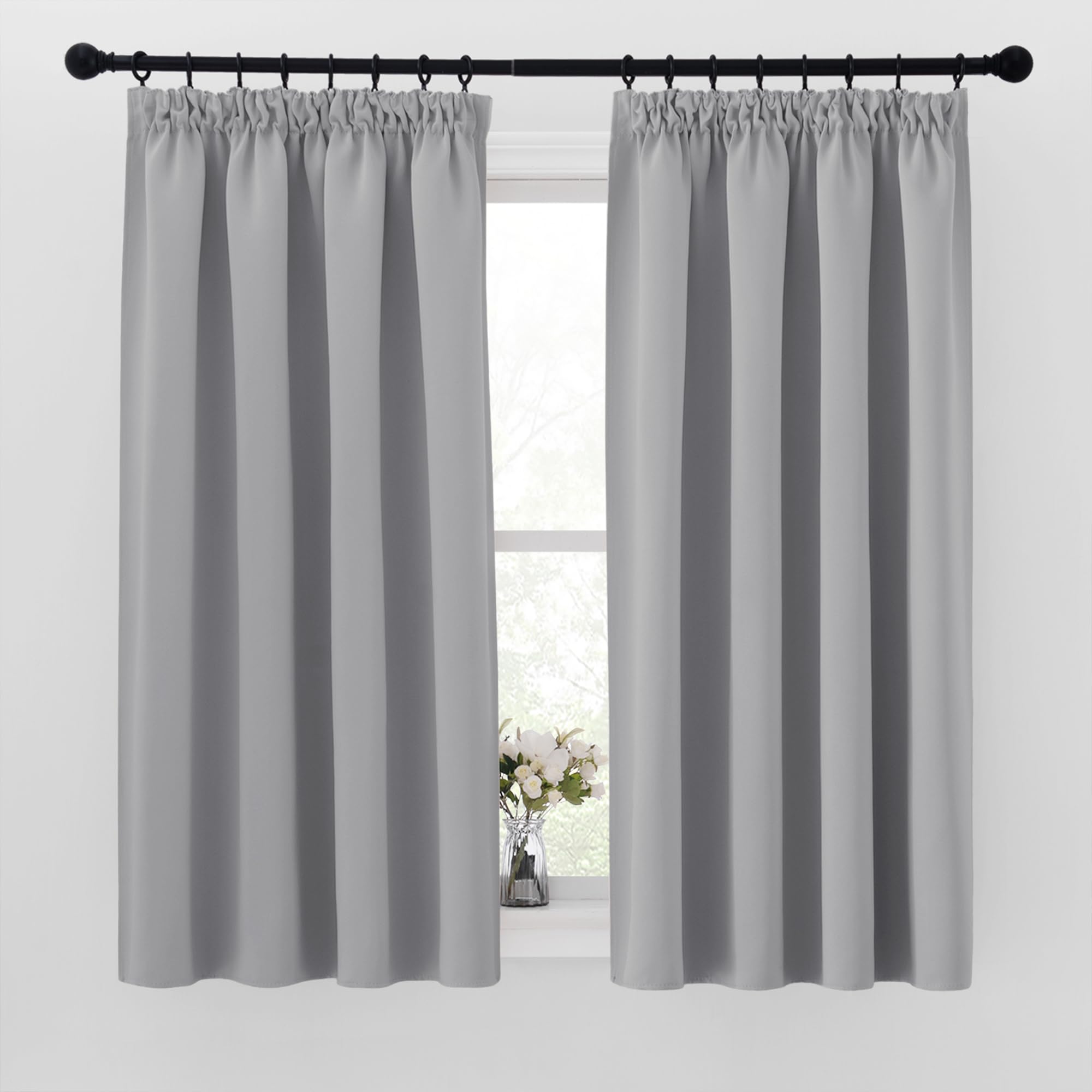 PONY DANCE Pencil Pleat Curtains for Kitchen - Thermal Blackout Curtains for Nursery Light Blocked Window Treatments Panels for Adult Bedroom Decoration, 2 Panels, W46 X L45, Silver Grey
