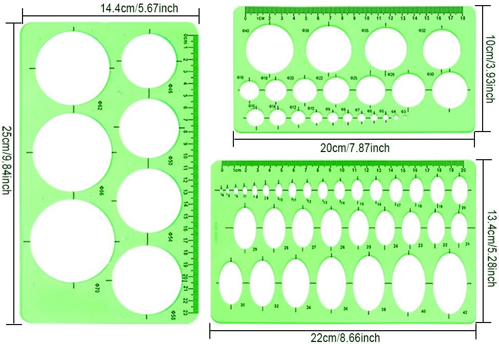 Circle and Oval Template, 4 Pack Clear Green Plastic Measuring Template Ruler Geometric Ruler Template for Office and School, Building Formwork, Drawing Templates : Office Products