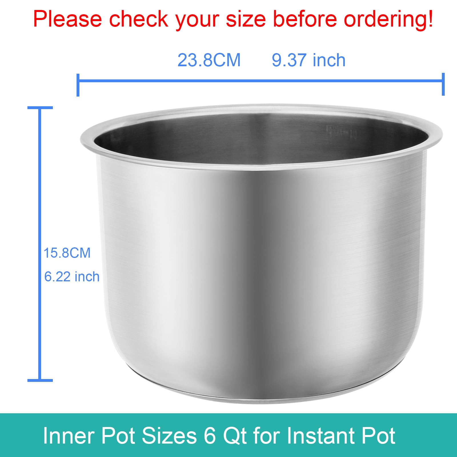 Stainless Steel Inner Pot for Instant Pot 6QT, Upgrade Replacement Pot for Instant pot 6 quart, Food Grade 304 (18/8) Stainless Steel Cooking Pot with Thick Bottom, Non-Toxic (No Teflon)
