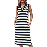 Wenrine Women's Striped Summer Dress Casual Polo V Neck Sleeveless Slit Loose Fit T Shirt Midi Dresses