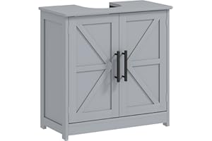 HOMCOM Pedestal Sink Storage Cabinet, Farmhouse Freestanding Bathroom Sink Cabinet with 2 Barn Doors and Adjustable Shelf, Dark Gray