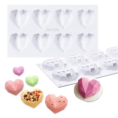 Janolia Schokoladenformen, Herzform 8 Gitter Silikon 3D Diamant Süßigkeits-Formen-Behälter für Kuchen verzieren, Backen, Süßi