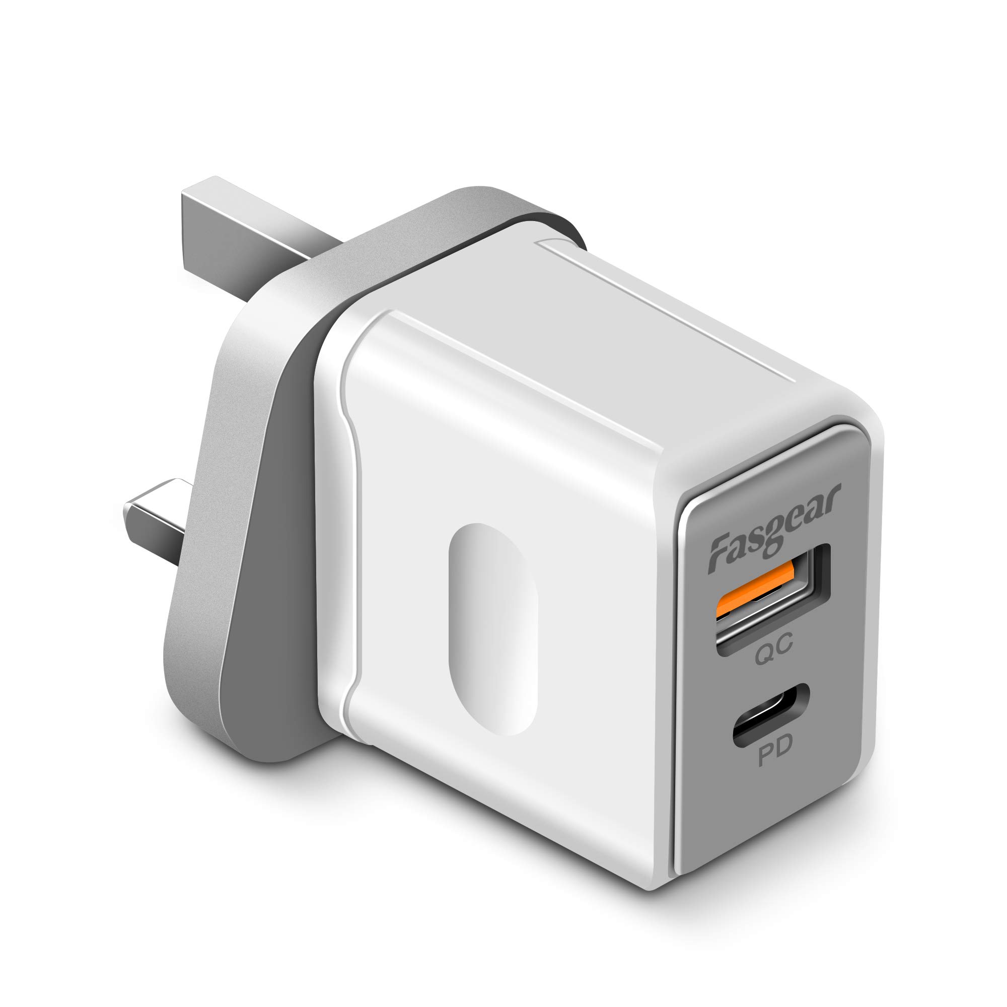 Fasgear USB Plug Charger QC3.0 & PD Wall Charger, 18W 2-Port Mains Chargers Plug Power Adapters for i-Phone 11 Pro XR XS Max, Galaxy S10 S9, i-Pad, HTC, Nexus, Huawei, One Plus and More (Gray)