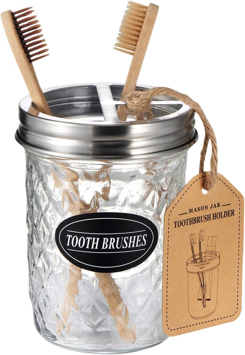 Mason Jar Bathroom Accessories Set(4 Pack) - Foaming Soap Dispenser&Qtip Holder Set&Toothbrush Holder-Rustic Farmhouse Decor Bathroom Organizer Apothecary Jar Country Countertop (Brushed Nickel): Home & Kitchen