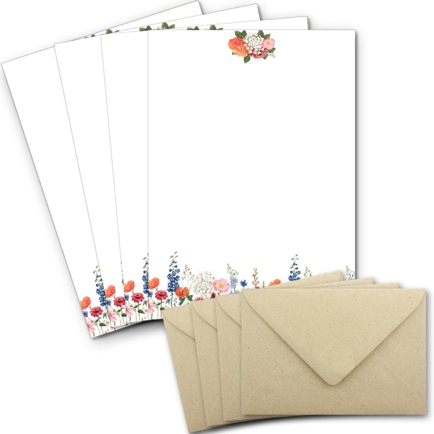 25 Letter Paper Sets DIN A4 – Colourful Flower Meadow Motif on Natural Paper – with Envelopes DIN C6 Made of Ecological Grass Paper – Printable – Ideal for Wedding Invitations