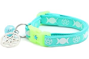 PUGS TO PERSIANS Wicca Cat Collar with Occult Charm & Bell | Witch’s Familiar Cat Collar | Witch Kitten Collar Charms | Glow in The Dark | Safety Breakaway Collar (Small(10lbs & Less), Aqua)