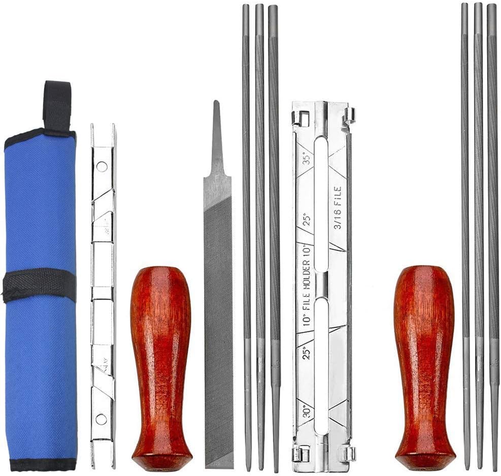 YuCool Pack of 12 Chainsaw Sharpener File Kit - 5/32, 3/16, 7/32 Inch Files(2 Sets), Wood Handles(2), Depth Gauge, Filing Guide, Tool Pouch - For Sharpening & Filing Chainsaws & Other Blades