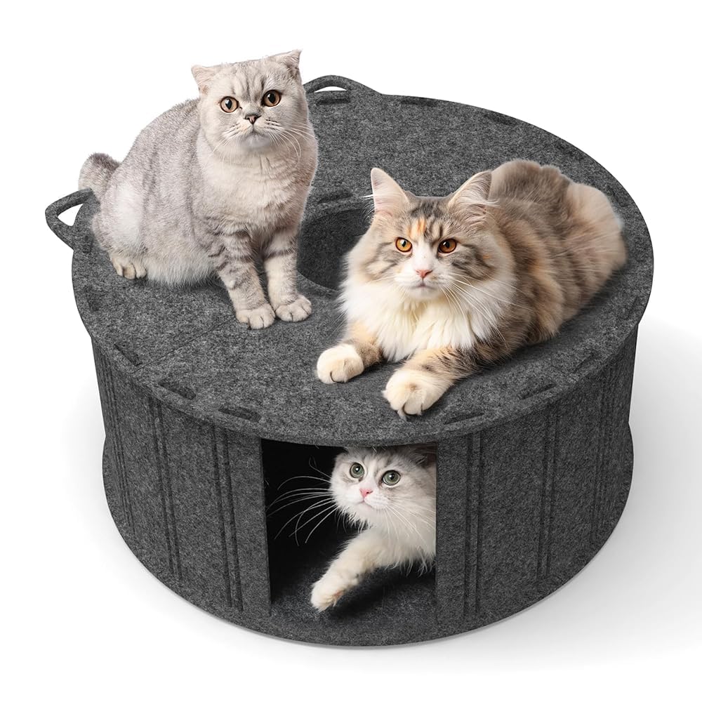Photo 1 of ComSaf Cat Donut Tunnel Bed - Peekaboo Cat Cave Bed for Indoor Cats, Large Pet House Round Cat Play Tunnel for Multiple Cats Up to 30 Lbs, 2 in 1 Detachable Felt Cat Hideaway Nap Rest Bed, Dark Grey
