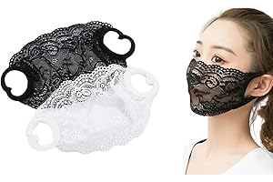 DeaHea 2 Pack Single Layer Lace Mask Sunscreen Masks Mesh Hollow Face Shield Mask Half Face Cover Travel Mask for Women and Girls(Black+White)