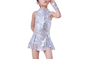 LOLANTA Girls Sequins Dance Clothes Dress 4-12 Yrs Sparkle Hip Hop Jazz Dance Outfit, Sleeveless Top and Shorts