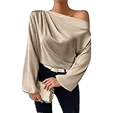 Apvirdy Off The Shoulder Top Satin Blouses for Women Long Sleeve Ruched Shirt Fahion Asymmetrical Top