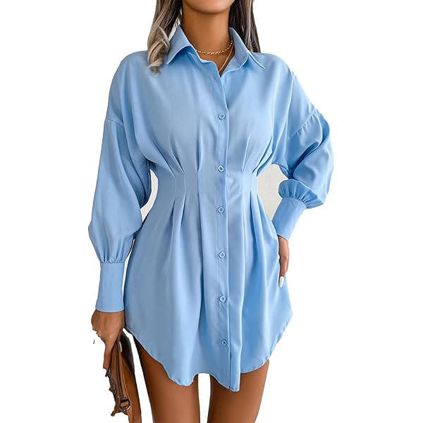 GOTOTOP Women's Pleated Long Sleeve Mini T Shirt Dress Lapel