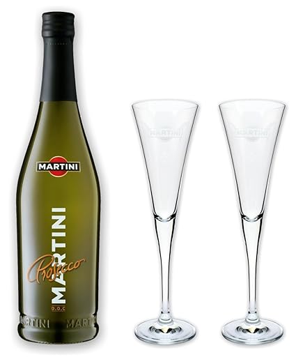 Martini Prosecco 10,5% 0,75l als Set mit 2 original Kelch Gläsern in Flötenform und 0,1 Liter Inhalt