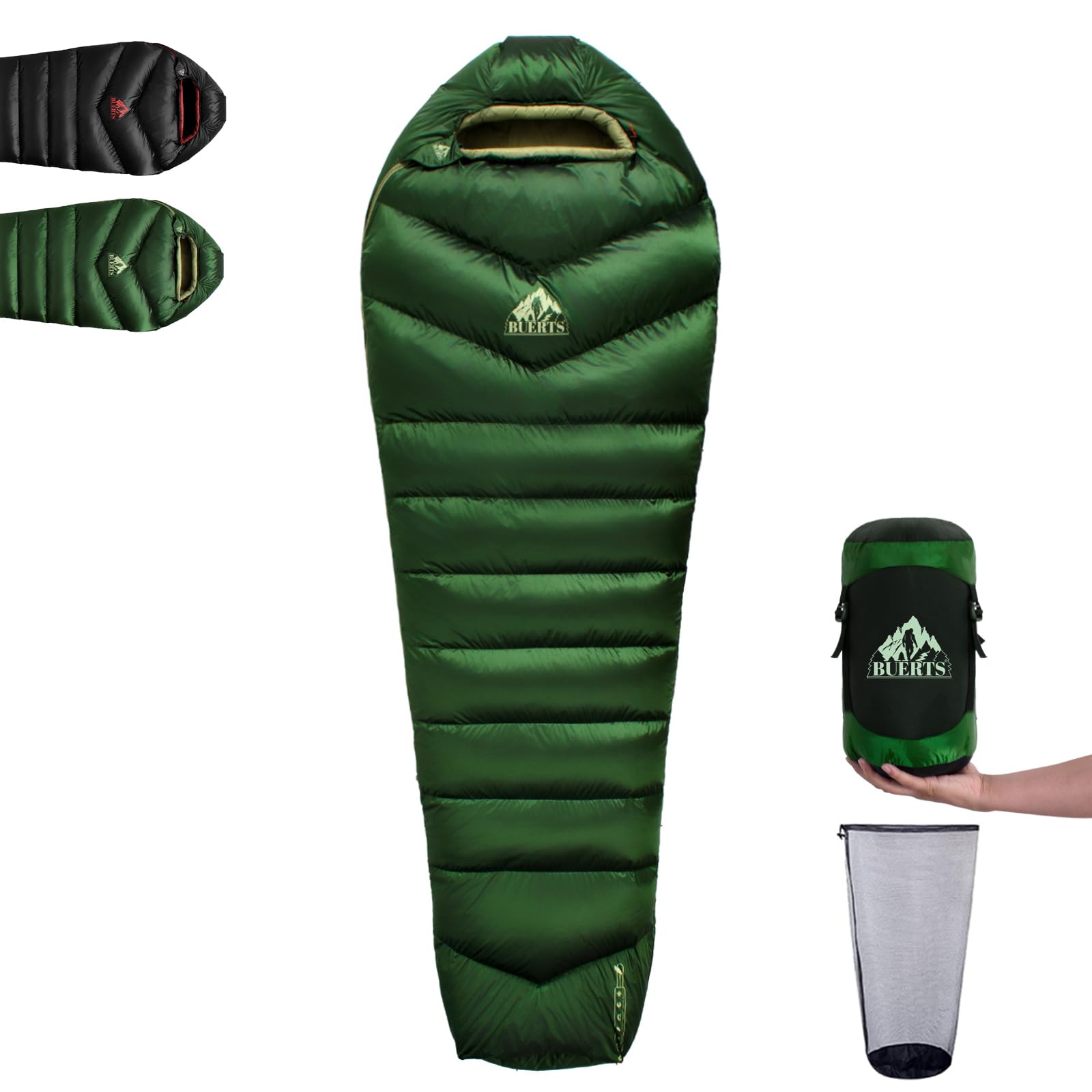 BUERTS Daunenschlafsack für den Winter – Ultraleichter, tragbarer und kompakter Winterschlafsack für Outdoor-Aktivitäten, geeignet für Erwachsene und Kinder, Camping, Wandern. (5℃, Grün)