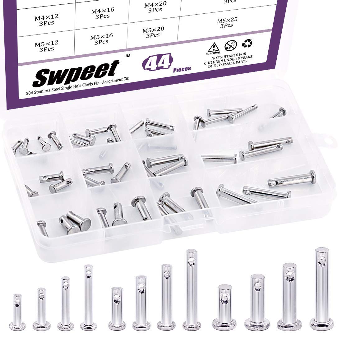 Swpeet 44pcs 304 Stainless Steel Clevis Pins Assortment M3 M4 M5 12 Flat Head Pin with Location Hole Round T Pin with Plastic Box