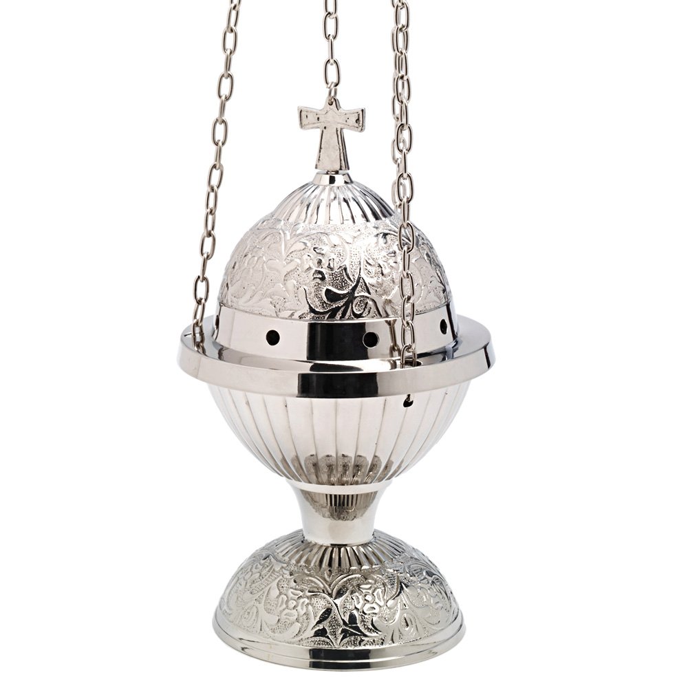 NKlaus Incense burner brass with cross silver chain 90cm incense burner hanging incense burner for church at home 1318
