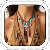 Urbizo Brown Western Turquoise Feather Tassel Charm Necklace for Women, Boho Vintage Adjustable Braided Choker Necklace Trendy Vacation Jewelry Rodeo Gifts