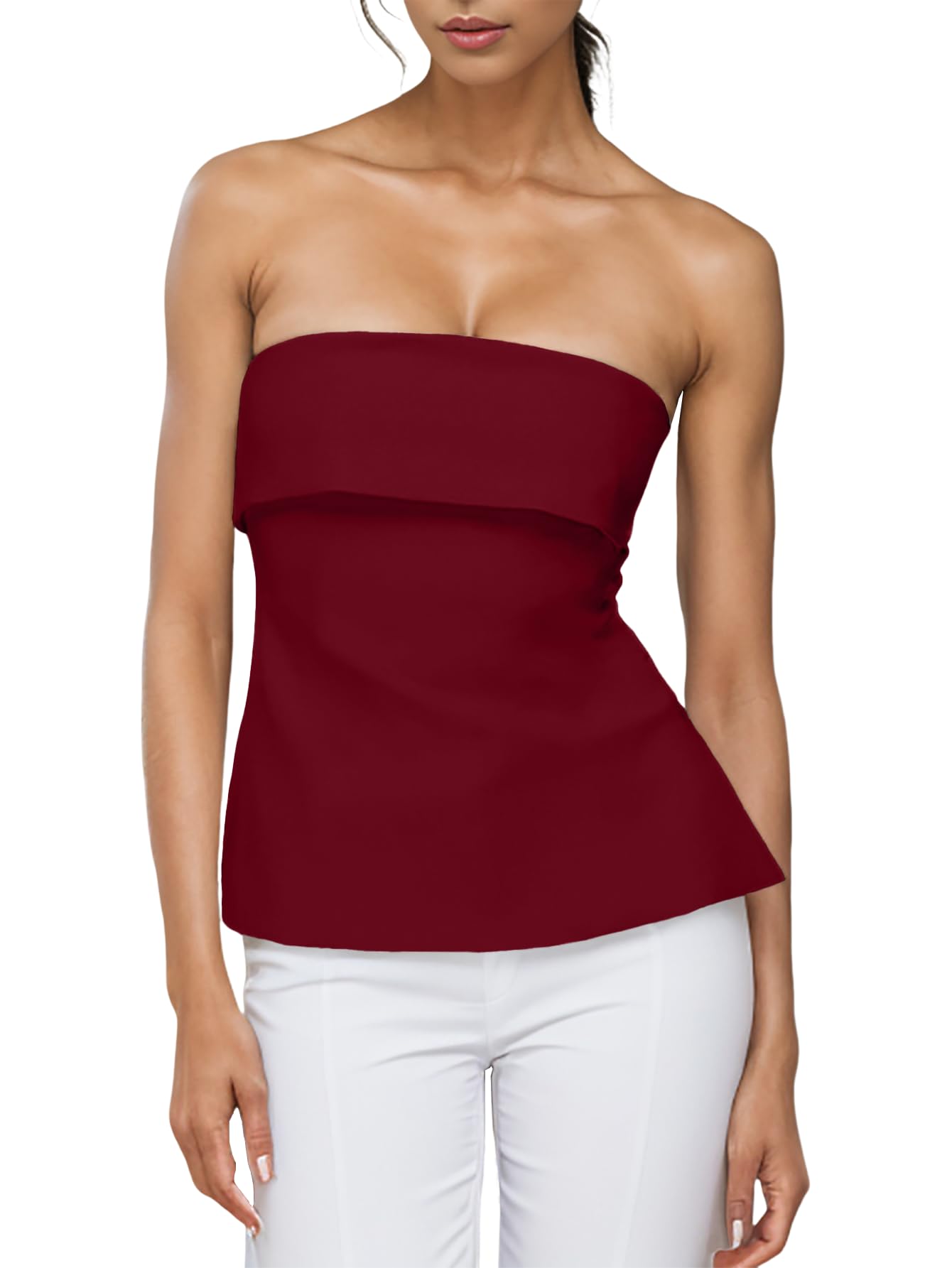 Photo 1 of *SMALL* Strapless Tube Tops for Women Backless Going Out Bandeau Top Sexy Trendy Off Shoulder Side Split Summer Bustier Tops Red