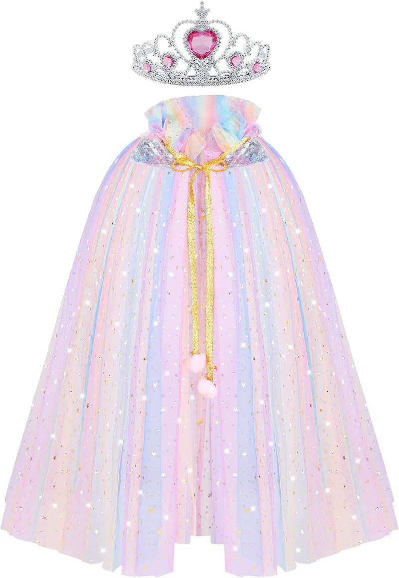 ACWOO Princess Cape for Girls Colorful Deluxe Cloak with Crown
