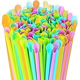Disposable Snow Cone Spoon Straws Plastic Spoon Drinking Straws, Assorted Colors,100 Pack