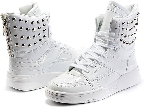 Amazon ノーブランド品 スタッズ ハイカット スニーカーブーツタイプ エナメル ホワイト ブラック シューズ バッグ