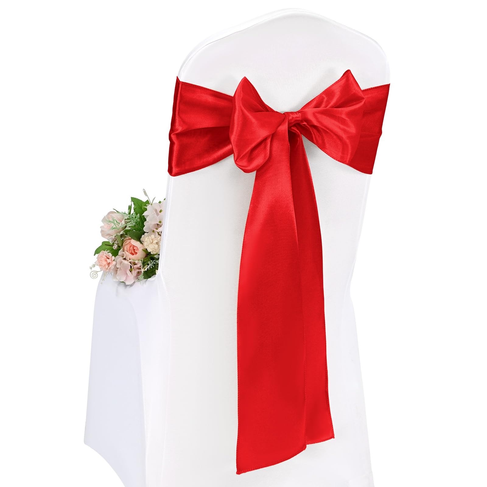 Pesonlook 50 Pcs Red Chair Sashes, Satin Chair Cover Bands 7X108 Inch Chair Sashes Bow Back Tie Ribbon For Wedding Party Hotel Decorations (17X275 CM)