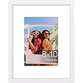Vittanly 8x10 Picture Frame, Engineered Wood with Shatter Resistant Plexiglass, Display Pictures 5x7 with Mat or 8x10 without Mat, Photo Frame for Wall or Table Top Display, White, 1 Pack