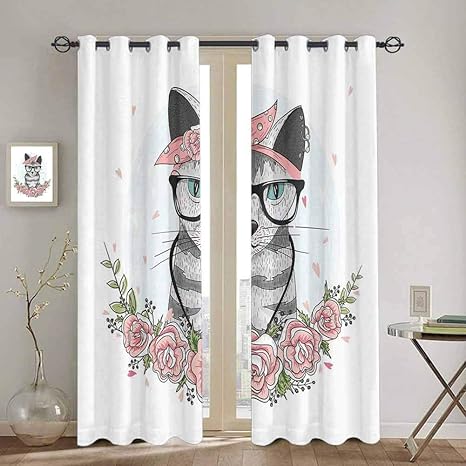 Donekl Rideau Occultant Pour Chambre De Chaton Motif Chat Blanc Et Joues Roses Tissu Impermeable Gris Blanc Rose W42 X L63 Inch Amazon Ca Maison Et Cuisine