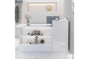 Huariifowm Modern Reception Desk Counter with Lockable Drawer & Open Shelves, Office Wooden Computer Front Desk with Cabinet for Salon Reception Room (White-Right, 39.37" L*19.69" W*39.37" H)