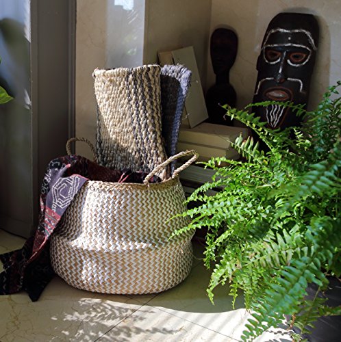 dufmod-Small-Natural-and-Plush-Woven-Seagrass-Tote-Belly-Basket-for-Storage-Laundry-Picnic-Plant-Pot-Cover-and-Beach-Bag-Plush-Zigzag-Chevron-Seagrass-White-Small