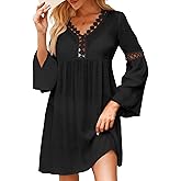 Falechay Swimsuit Coverup for Women Long Bell Sleeve Contrast Lace Bathing Suit Cover Up for Swimwear Bikini V Neck Loose