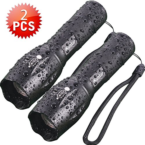 Tactical Flashlights iKustar T6 LED Handheld Torches Flashlights Super Brightness Waterproof Taclights 5 Light Modes Adjustable Focus Flashlight For Camping Hiking (Black, T6-2)