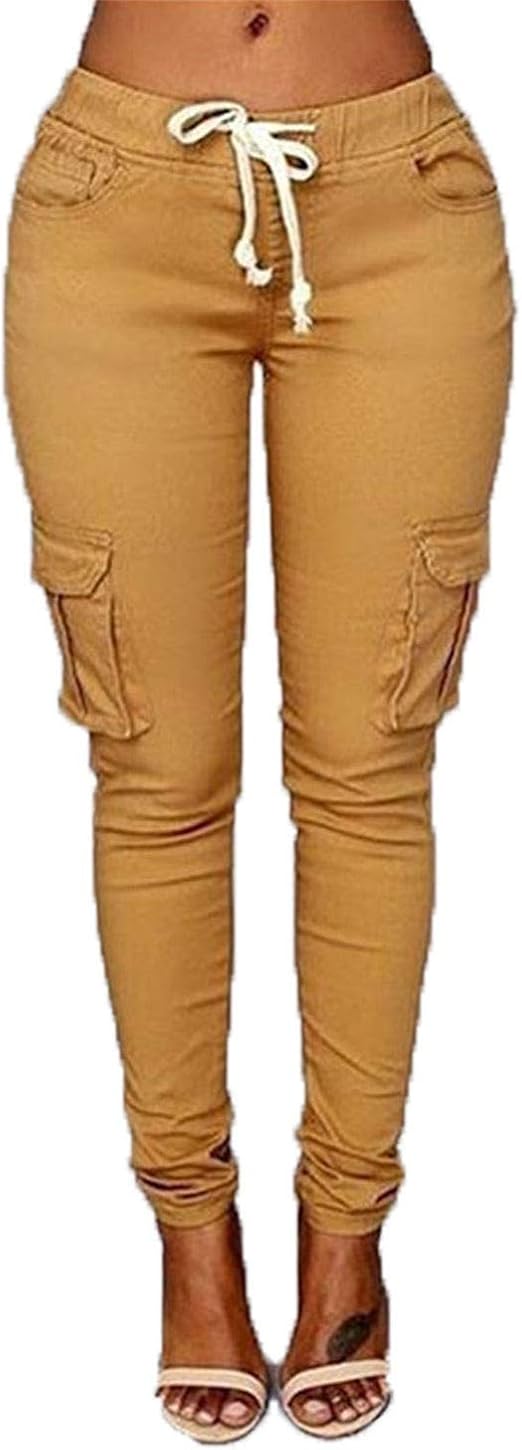 Womens Casual Stretch Drawstring Skinny Pants Cargo Jogger Pants High