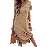 Dyexces Women Summer T Shirt Dress Short Sleeve Casual V Neck T Shirts Maxi Dresses Loose Side Slit Long Tshirt Midi Dress Tshirts with Pockets Khaki